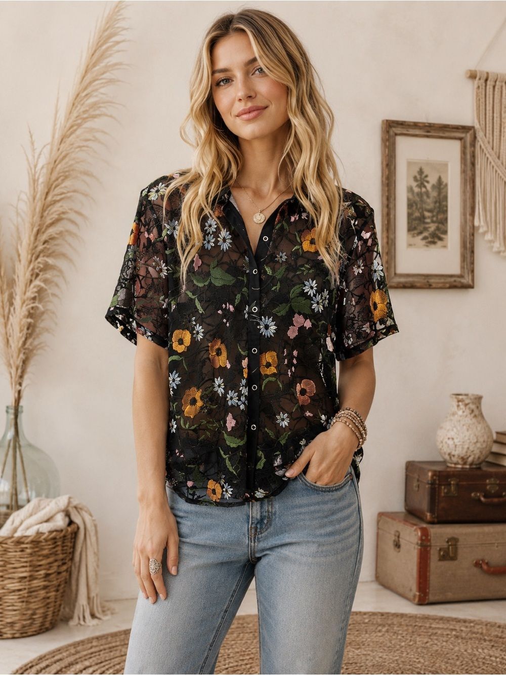 Black Sheer Floral Embroidered Mesh Button-Up Top | Boho Cottagecore Romantic